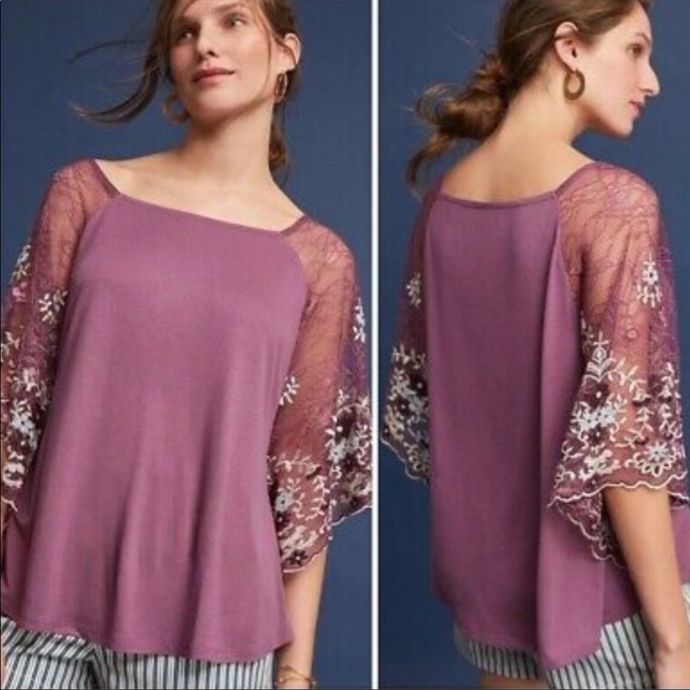 Anthropologie Akemi + Kim Floral Embroidered Lace Sleeves Callista Pullover Top